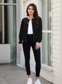 Women's Lightweight Baseball Jacket - Versatile Stitching Fabric Outerwear With Multi-Fabric Options And Unique Patterns - BLACK6 - View 4