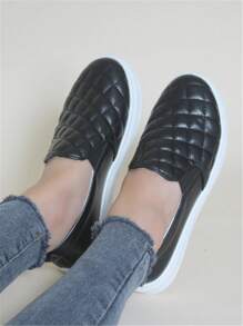 BALTEOP 秋冬女士格纹松紧带舒适皮革拼接休闲一脚蹬运动鞋，适合日常穿着 - 黑與白 - 查看 5