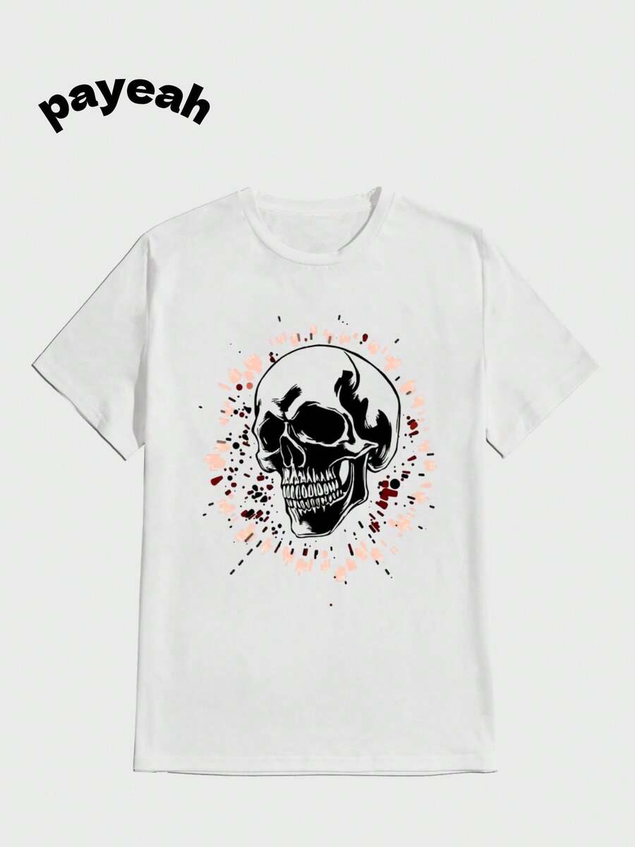 Payeah   Abstract Skull T-Shirt  Casual Digital Print  Pure Heavy Cotton T Shirt - 白色 - 查看 1