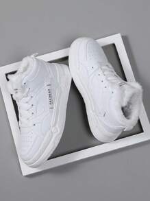 Plus Size Winter Women's Casual Sneakers, Lace Up Soft Sole Flat Comfortable Sports Shoes For Women, Lightweight Add Velvet Keep Warm High-Top Daily Shoes
