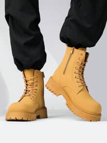 Men's Autumn/Winter New High-Top Black Leather Shoes, Boots, Fashion Thick-Soled Round Toe Ankle Boots With Thermal Lined, Suggest Order One Size Up