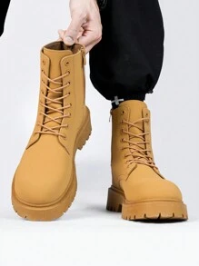 Men's Autumn/Winter New High-Top Black Leather Shoes, Boots, Fashion Thick-Soled Round Toe Ankle Boots With Thermal Lined, Suggest Order One Size Up