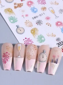Naklejki na paznokcie z motywem fajerwerków 2 szt. Złoty brokat Kolorowy kreskówka kokarda na kieliszek do wina DIY Zima Boże Narodzenie Nowy Rok Holograficzny samoprzylepny żel do paznokci Naklejki suwaki Dekoracja paznokci