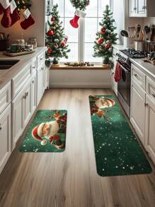 1PC/2PCS Memory Sponge Farmhouse Christmas Kitchen Carpet, Christmas Element Pattern Printing Decoration, Door Door Carpet Anti Slip Back Mat, Bedroom Bathroom Kitchen Floor Mat, Christmas Decoration