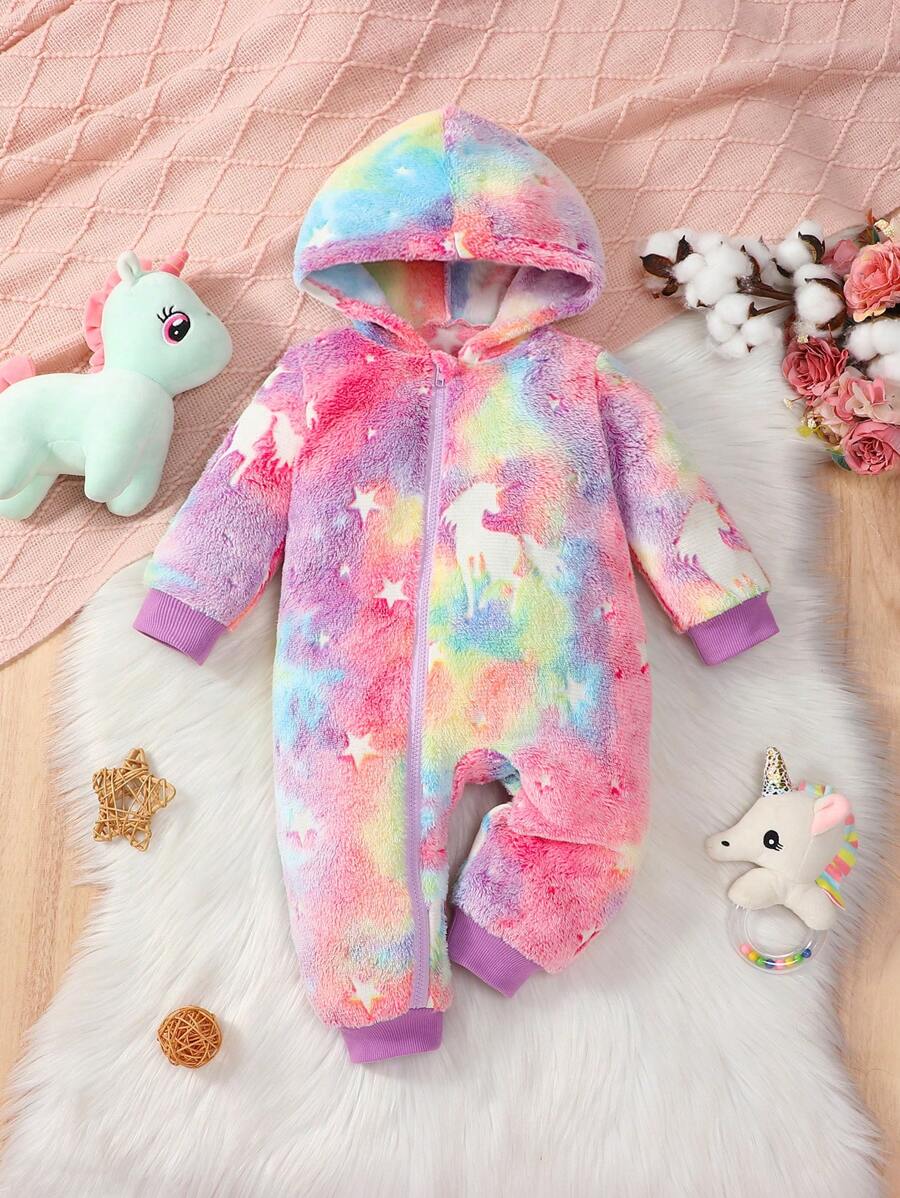Mono informal con estampado de unicornio luminoso de felpa cálida para bebé niña, para otoño/invierno - Morado Violeta - Ver 1