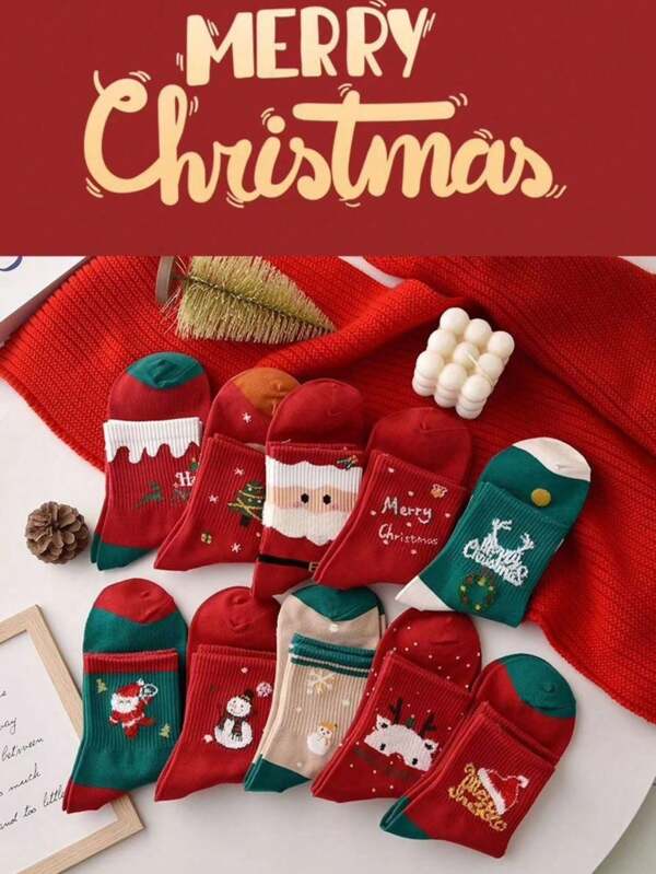 5 Stück Weihnachts Socken, Damen Rot Knöchellang Socken mit Schlankheits-Design, kreative Weihnachtsgeschenk Socken, Lässig & atmungsaktiv, Herbst/Winter