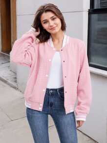 Women's Lightweight Baseball Jacket - Versatile Stitching Fabric Outerwear With Multi-Fabric Options And Unique Patterns - Pink - View 2