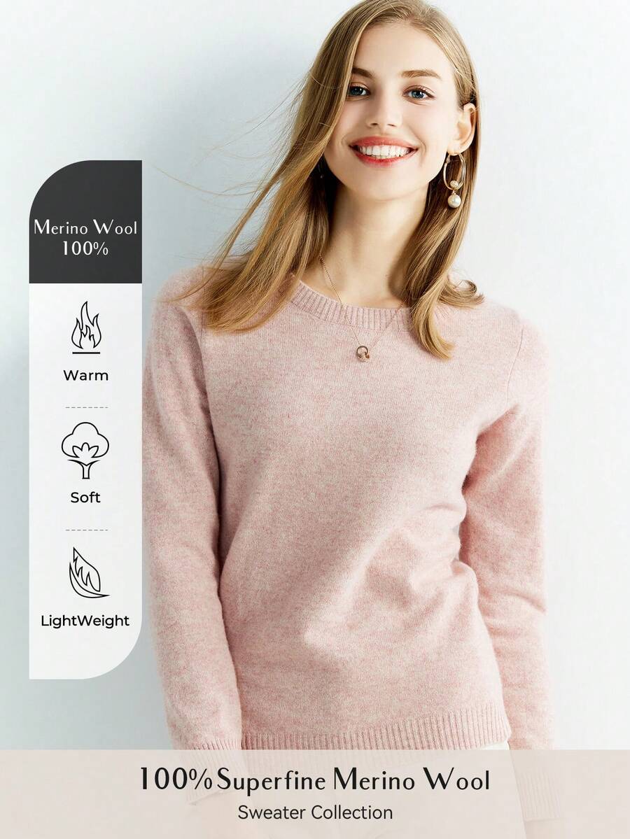 100% Merino Wool Warm And Soft Round Neck Sweater For Autumn/Winter - Pink - View 1