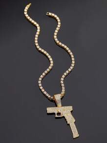 1pc European And American Style Men's Fashion Personality Hip Hop Gun Shaped Pendant Necklace With Full Rhinestones, Suitable For Jewelry Festival Parties