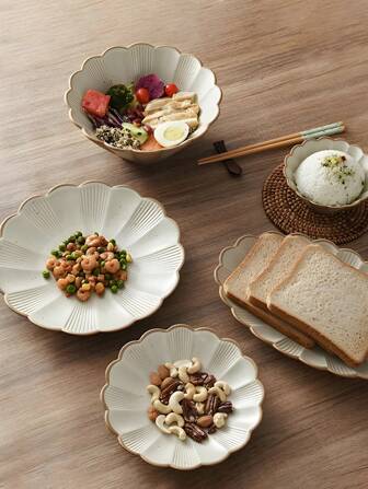 1 件复古陶瓷菊花盘，手工粗糙陶瓷边缘设计盘子，5 英寸/8.5 英寸碗，椭圆形 11 英寸/圆形 9.5 英寸，7.5 英寸盘子，适合家庭/餐厅用作餐盘、鱼盘、餐具