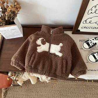 Young Boys Cute Puppy Plush Small Stand Collar Coat