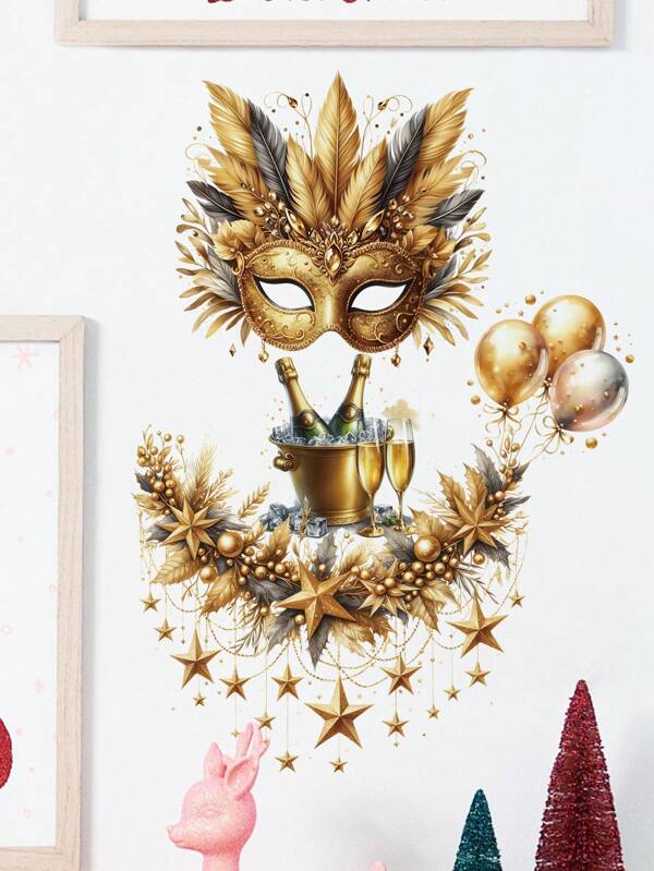 Adesivos de máscara de festa dourada, decalques de parede com atmosfera de serpentinas comemorativas de 2025, adesivos de feliz ano novo, adesivos de parede autoadesivos à prova d'água para banheira, decoração de banheiro - decalques de vinil removíveis para banheiro, fáceis de aplicar e remover