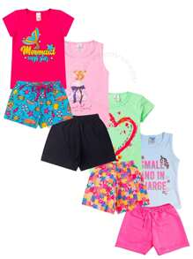 Premium 6 Piece Kit Children's Set Girls Summer 3 T-Shirts + 3 Bermuda Shorts Children's Clothing For Girls - 彩色 - 查看 8