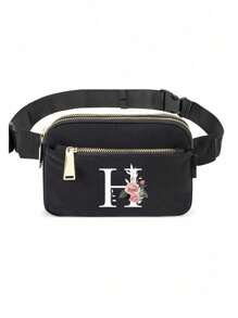 This Minimalist Chest Bag, Strap Bag, Sports & Fitness Bag Features Floral & A-Z Letter Pattern Designs. It Is A Versatile Women's Wallet, Shoulder Bag, Waist Pack, Coin Purse, Small Bag, Outdoor Chest Pack, Phone Storage Pack, Multi-Functional Yoga Pocket Waist Bag, Waterproof Sports Adjustable Shoulder Bag. Suitable For Sports, Running, Travel, Hiking, And The First Day Of School, Allowing You To Be Fashionable And Organized. - Black - View 19