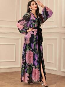 Women V-Neck Patchwork Puff Sleeve Random Print Dress - Multicolor - View 5