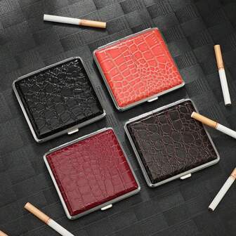 1个男士皮革纹理香烟盒，小巧便携，可装20支香烟，金属夹皮革材质，创意时尚吸烟盒礼品，吸烟配件，女士吸烟配件，香烟收纳盒，香烟夹盒