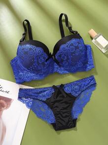 蕾丝拼接支撑文胸和三角裤套装，女士性感内衣套装，B 罩杯两件套女士 2 件套 - 藍色 - 查看 6