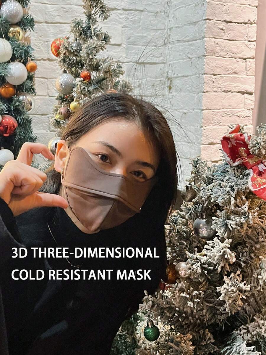 1 件纯色时尚保暖 3D 口罩，厚毛绒防寒口罩，由黑色、咖啡色、灰色合成纤维制成，适合秋冬季、圣诞节、新年的服装配饰 - 如圖片 - 查看 1