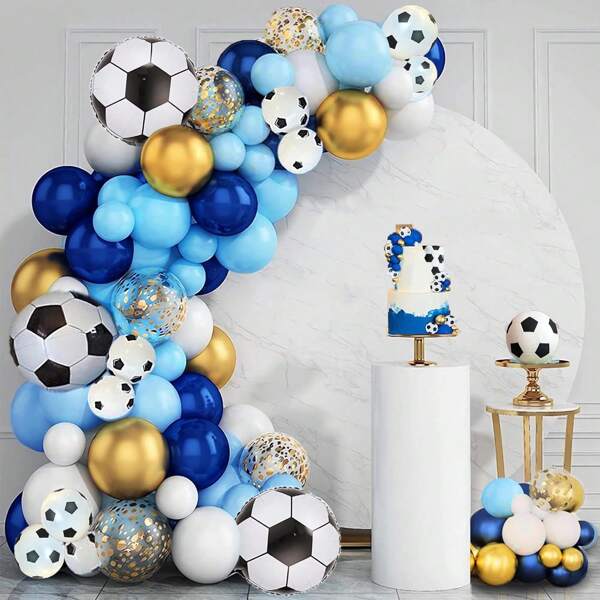 142 Peças Conjunto de Guirlanda e Arco de Futebol Azul e Dourado, Decorações de Festa de Futebol Azul e Dourada, Bolas de Futebol, Balões para Festa de Futebol de Homens, Suprimentos para Festa com Tema de Esportes, Suprimentos para Festa com Tema de Futebol
