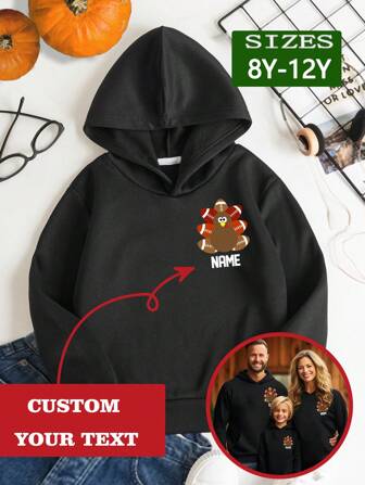Custom Thanksgiving Kids Customized Hoody, Personalized Name- Fall Tops,Black Top ,Winter Clothes, Funny Turkey Hoodies, Fall Sweatshirt, Best Kid Gift