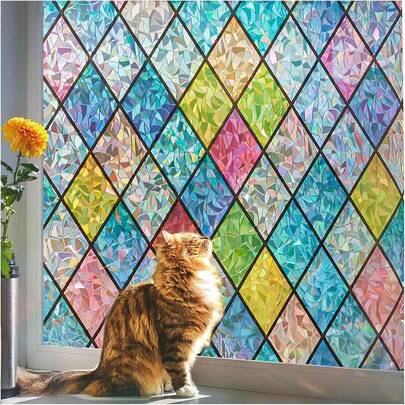 Window Privacy Film Stained Glass Window Clings 3D Rainbow Film For Glass Door Decorative Colorful Lattice Stickers Static Cling Sun Blocking Window Coverings For Home, Stickers, Wall Decal, Vinyl Decal For Home Decorations, Spring Decoration Items Refresh Your Home, Festival Decoration Stickers Gifts Birthday Graduation School Decor School Surprise Dormitory Decor Back To School Room Decor School Supplies
