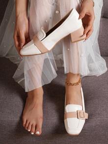 女士乐福鞋粗跟方头舒适一脚蹬休闲牛津鞋 - 白色 - 查看 4