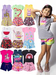 Premium 6 Piece Kit Children's Set Girls Summer 3 T-Shirts + 3 Bermuda Shorts Children's Clothing For Girls - 彩色 - 查看 1