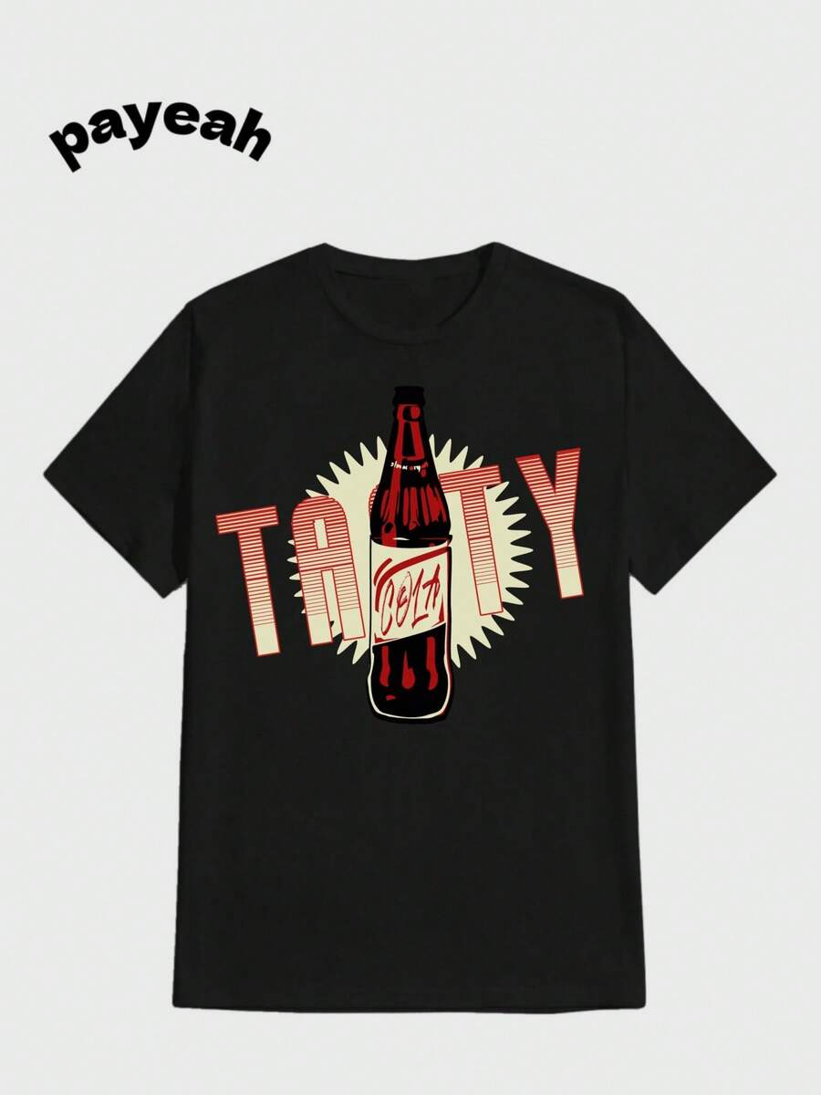 Payeah Casual Chic, Digital Print, Breathable Fabric,  Pure Heavy Cotton T Shirt - 黑色 - 查看 1