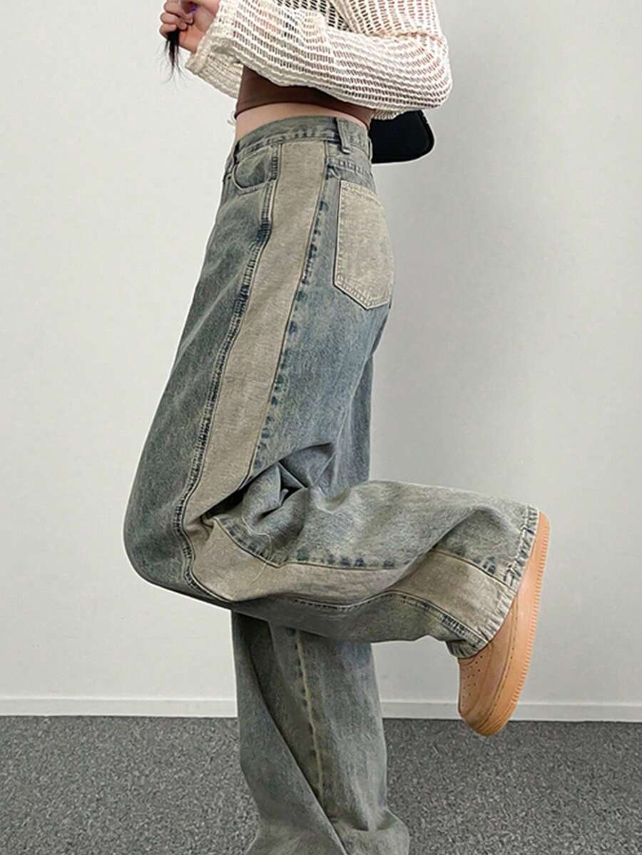 2025 Spring & Summer New American Casual High Street Style Retro Loose Wide Leg Jeans, Washed Straight Leg Denim Pants For Women