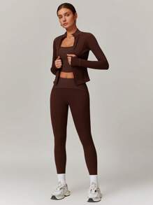 MASKERT 女士运动裤紧身裤运动瑜伽裤运动跑步裤高弹力舒适亲肤 - 巧克力棕 - 查看 6