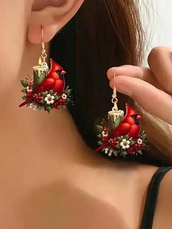 1 Pair Of Christmas Red Bird Acrylic Holiday Atmosphere Earrings For Men And Women