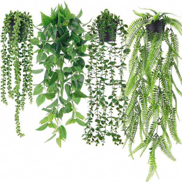 Der Rose Der Rose 4 Packs Fake Plants Hanging With Pots Artificial Ivy Vine Faux Eucalyptus Hanging Plants, Boston Fern, String Of Pearls For Home Room Wall Shelf Indoor Outdoor Decor