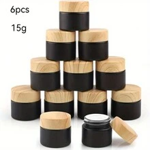 6 件装 0.35 盎司/10 毫升可重复使用磨砂黑色玻璃化妆品罐，带竹盖，防紫外线容器，用于面霜、乳液、护肤品 - 不油腻，螺旋盖储存罐 - 15克 - 查看 1