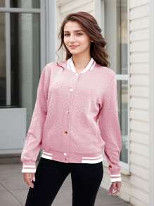 Women's Lightweight Baseball Jacket - Versatile Stitching Fabric Outerwear With Multi-Fabric Options And Unique Patterns - 淺粉色 - 查看 2