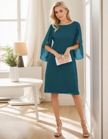 Elegant Chiffon Straight Dress Crew Neck Flutter Split Sleeve Party Wedding Cocktail Midi Dress, Woman's Clothing - 青碧色 - 查看 4