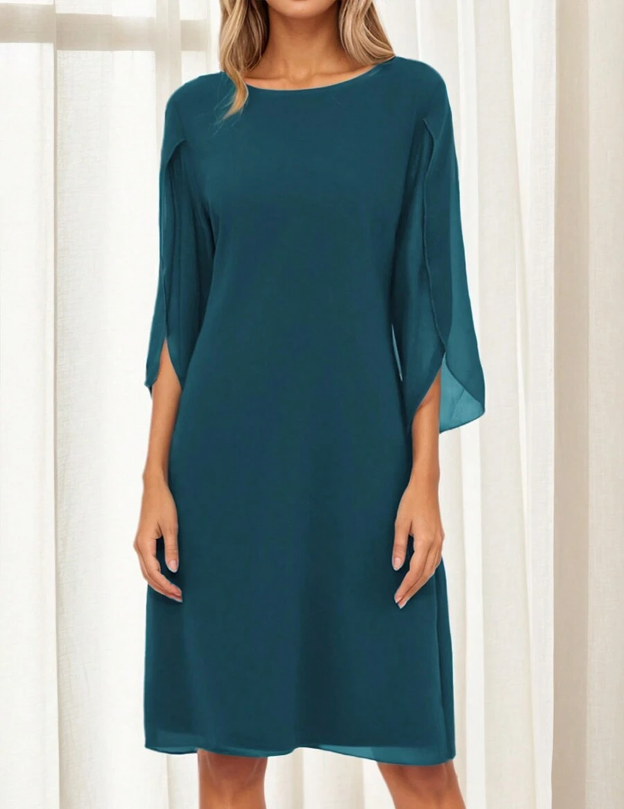 Elegant Chiffon Straight Dress Crew Neck Flutter Split Sleeve Party Wedding Cocktail Midi Dress, Woman's Clothing - 青碧色 - 查看 1