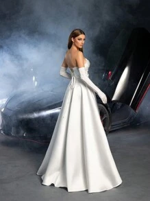 Faeriesty Wedding Dress Bridal Gown: Strapless Silhouette With Dramatic High Slit, Elegant Long Gloves & Flowing A-Line Skirt For Bridal Elegance – Perfect For Wedding Ceremonies, Formal Galas, Red Carpet Events, Luxury Receptions, And Evening Galas,Bride