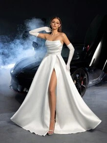 Faeriesty Wedding Dress Bridal Gown: Strapless Silhouette With Dramatic High Slit, Elegant Long Gloves & Flowing A-Line Skirt For Bridal Elegance – Perfect For Wedding Ceremonies, Formal Galas, Red Carpet Events, Luxury Receptions, And Evening Galas,Bride