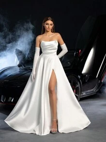 Faeriesty Wedding Dress Bridal Gown: Strapless Silhouette With Dramatic High Slit, Elegant Long Gloves & Flowing A-Line Skirt For Bridal Elegance – Perfect For Wedding Ceremonies, Formal Galas, Red Carpet Events, Luxury Receptions, And Evening Galas,Bride