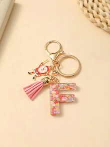 1pc Christmas Santa Claus Key Chain With Alphabet Resin Charm & Butterfly Tassel, For Girls - Pink - View 36