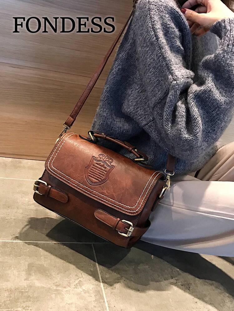 1pc Retro Fashion Color Block Hand-Held Handbag With Flap, Zipper Closure, Stitched Leather Belt Strap, Shoulder Strap, Suitable For Everyday, Commuting, Coffee Brown