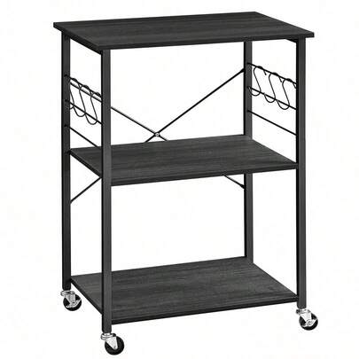 VASAGLE Étagère de Cuisine à Roulettes, Chariot à 3 Niveaux, Support pour Micro-Ondes, Four, Grille-Pain, Cadre Métallique avec 6 Crochets, Noir Boisé