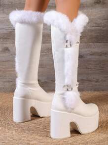 Women Long Knee Furry Trim High Boots, Y2K Punk Style, Thick & Warm Leg Boots - White - View 4