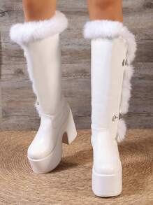 Women Long Knee Furry Trim High Boots, Y2K Punk Style, Thick & Warm Leg Boots - White - View 3