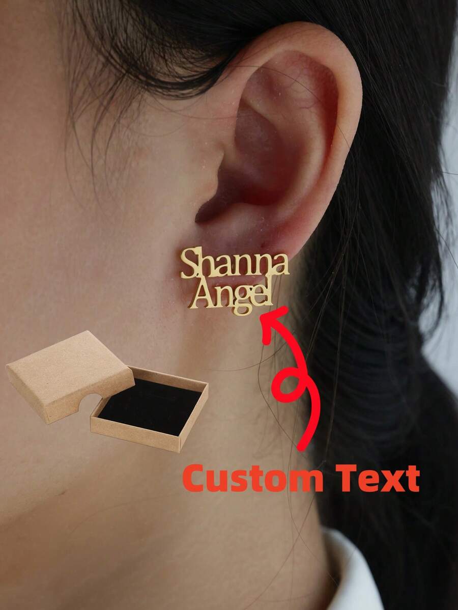 1 对简约百搭时尚定制不锈钢双名字耳钉适合日常佩戴、节日礼物和新年礼物（赠送礼盒） - 金黃色 - 查看 1