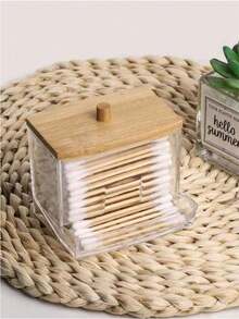 1 件带竹盖的亚克力清洁棉签架、透明迷你清洁棉签分配器、塑料花蕾和牙签储存容器、浴室台面装饰收纳盒 - 彩色 - 查看 7