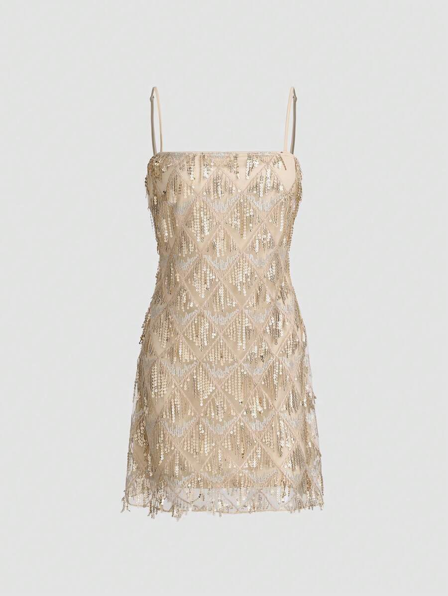 Women's Glitter Spaghetti Strap Formal Evening Party Dress - لون مشمشي - مشاهدة 1