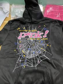 Hip Pop Graphic Hoodies Spider Web Printing Casual Sweatshirt, Hoodies - 黑色 - 查看 2