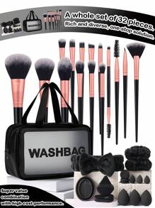 15-18-20-25-32PCS Makeup Brush Set+3PCS Makeup Sponges+3PCS Mini Makeup Sponges+3PCS Triangle Powder Puffs+3PCS Mini Air Cushion Powder Puffs+1pc Hairband+2PCS Hand Bowl Strap+1pc Makeup Brush Cleaning Tools - 彩色 - 查看 12