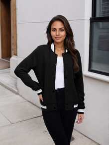 Women's Lightweight Baseball Jacket - Versatile Stitching Fabric Outerwear With Multi-Fabric Options And Unique Patterns - 黑3 - 查看 3
